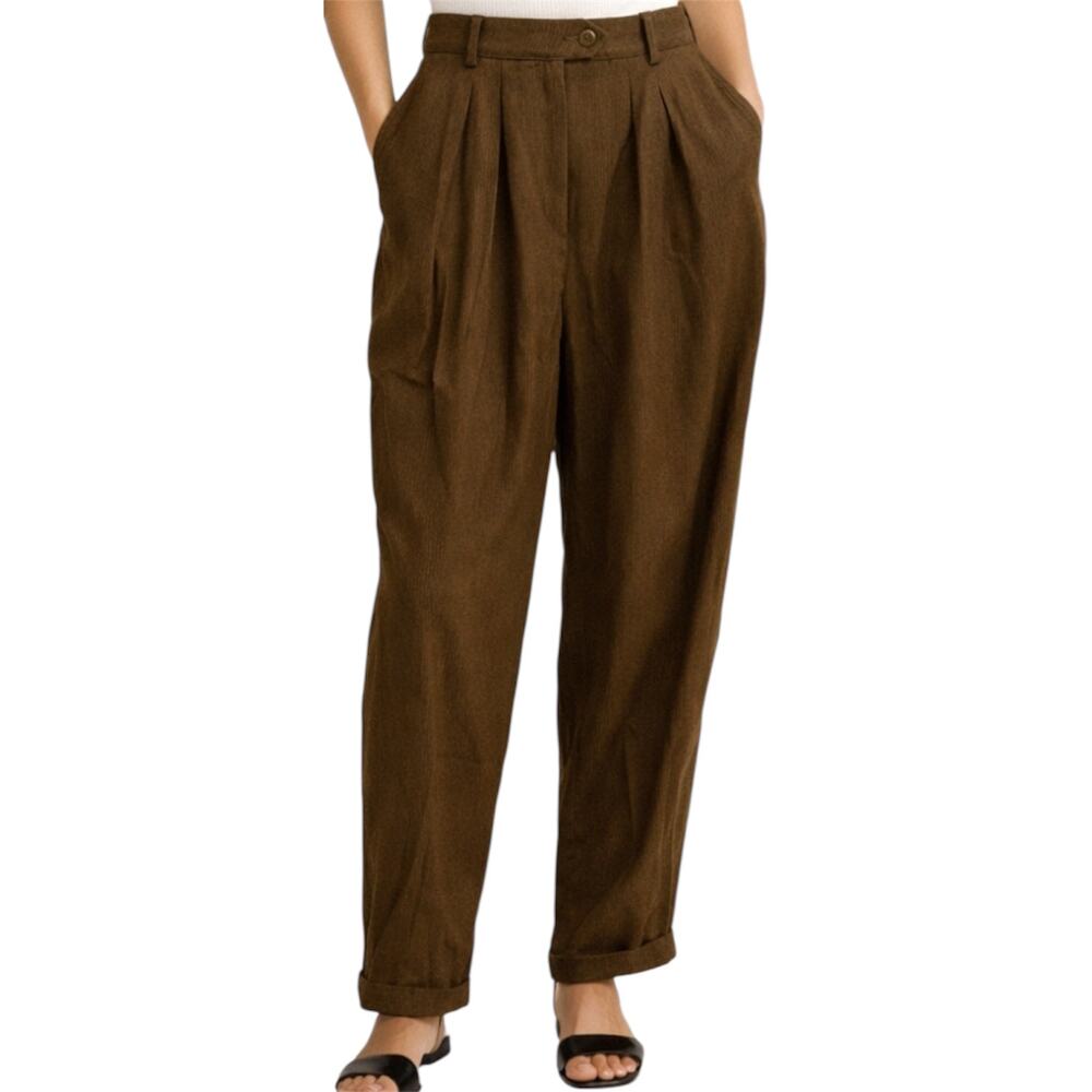 Max Mara Wool Trousers Pants Pleated Button Pocket Ankle Straight Brown 12 34x32